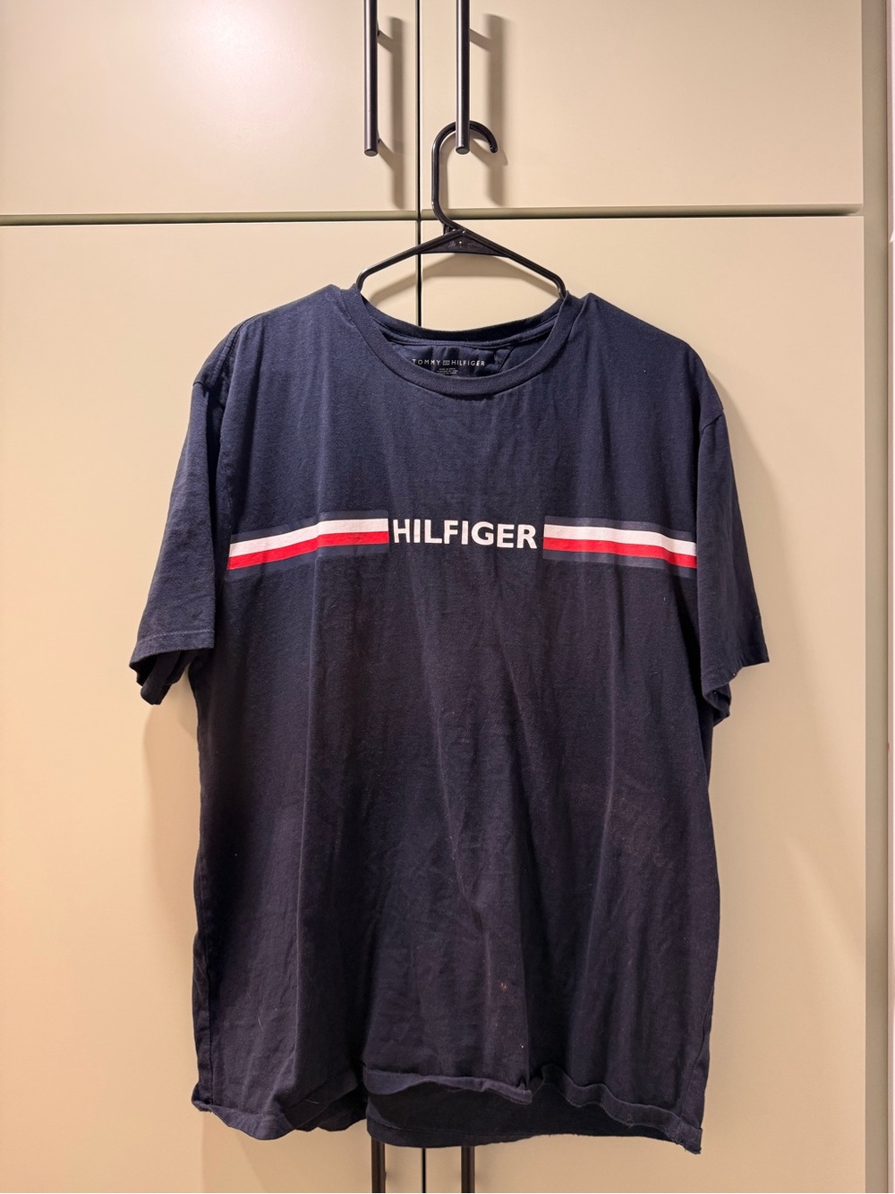 Tommy Hilfiger Navy Tee with Red & White Chest Stripes